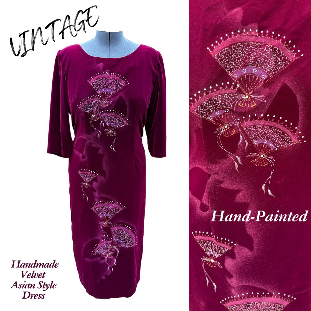 Vintage Handpainted Asian Style Velvet Dress Chinoiserie Retro Asian New Year